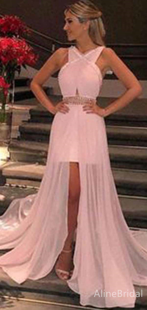 Elegant Pink Cross Shoulder Straps A-line Long Prom Dress with Slit, Evening Dress, PD381881