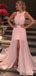 Elegant Pink Cross Shoulder Straps A-line Long Prom Dress with Slit, Evening Dress, PD381881