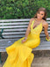 Gorgeous Yellow V-neck Lace Applique Mermaid Long Tiered Ruffles Prom Dress, Evening Dress, PD381885