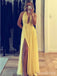 Sexy Yellow Chiffon Deep V-neck Halter Split Side A-line Long Prom Dress,PD381886