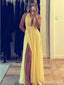 Sexy Yellow Chiffon Deep V-neck Halter Split Side A-line Long Prom Dress,PD381886