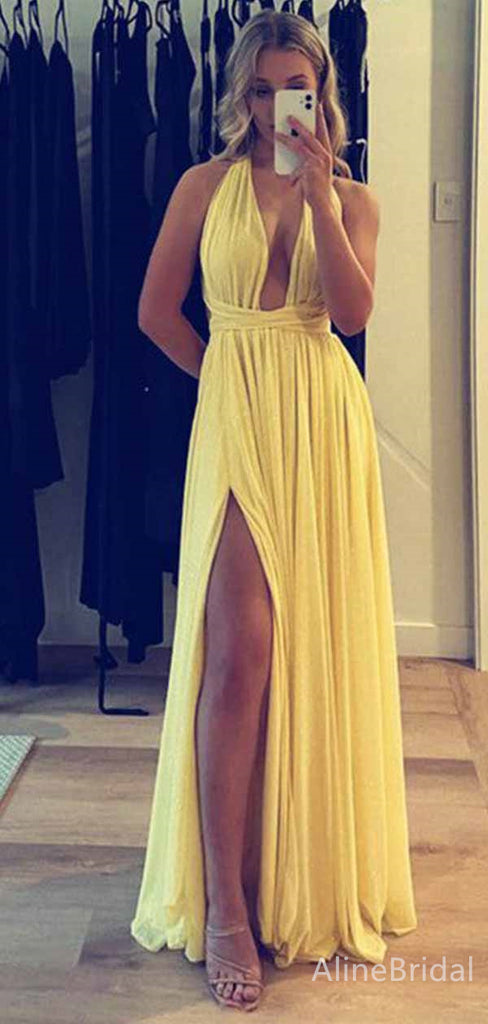 Sexy Yellow Chiffon Deep V-neck Halter Split Side A-line Long Prom Dress,PD381886