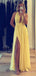 Sexy Yellow Chiffon Deep V-neck Halter Split Side A-line Long Prom Dress,PD381886