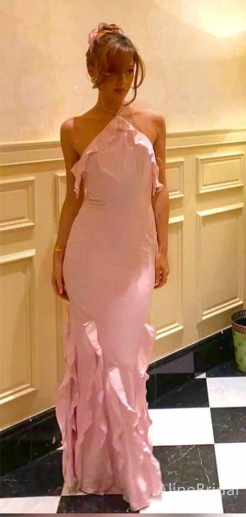 Unique Pink Halter Ruffles Mermaid Long Prom Dress, Evening Dress, PD381888