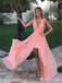 Simple Pink Deep V-neck A-line Long Tulle Prom Dress, Evening Dress, PD381889