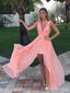 Simple Pink Deep V-neck A-line Long Tulle Prom Dress, Evening Dress, PD381889