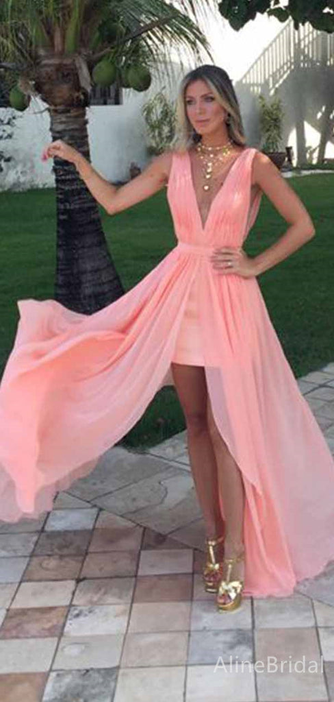 Simple Pink Deep V-neck A-line Long Tulle Prom Dress, Evening Dress, PD381889