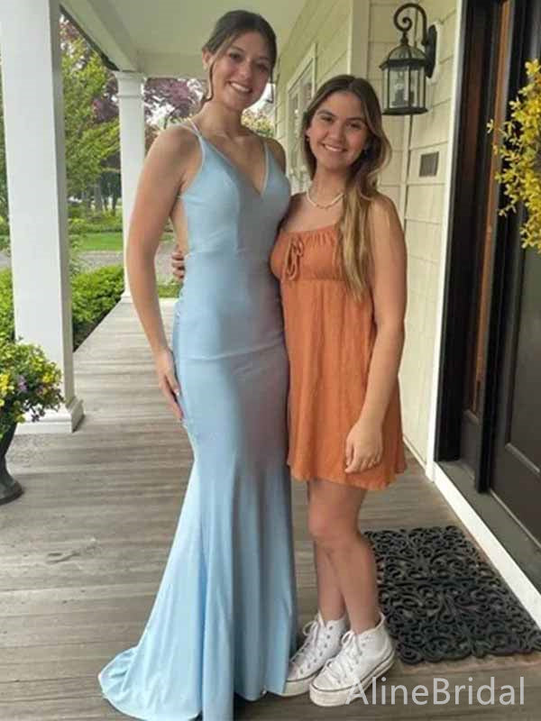 Simple Pale Blue V-neck Spaghetti Strap Open Back Mermaid Long Prom Dress, Evening Dress, PD381890