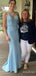 Simple Pale Blue V-neck Spaghetti Strap Open Back Mermaid Long Prom Dress, Evening Dress, PD381890