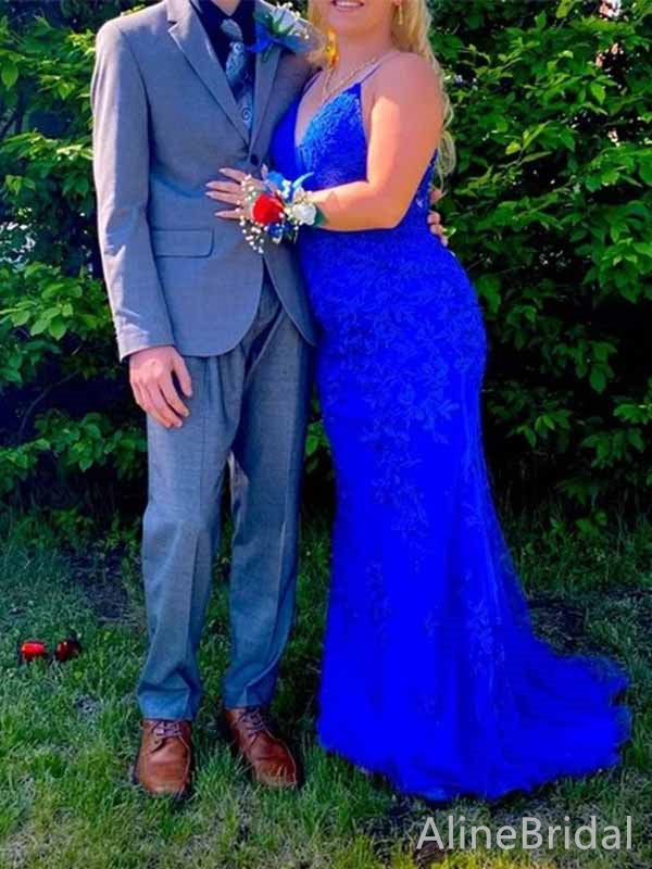 Gorgeous Royal Blue Lace V-neck Mermaid Long Prom Dress, Evening Dress, PD381892