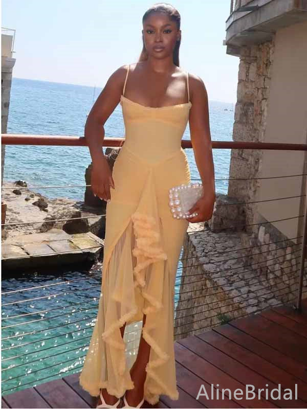 Simple Yellow Spaghetti Strap Slit Ruffles Mermaid Long Prom Dress, PD381894