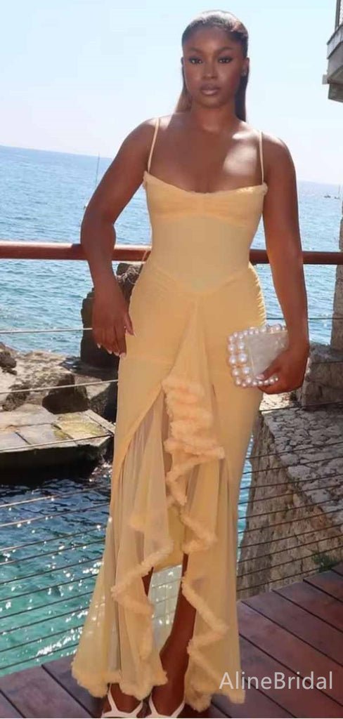 Simple Yellow Spaghetti Strap Slit Ruffles Mermaid Long Prom Dress, PD381894