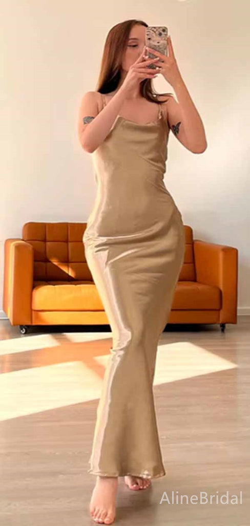 Simple Champagne Gold Spaghetti Strap Backless Mermaid Long Prom Dress,PD381895