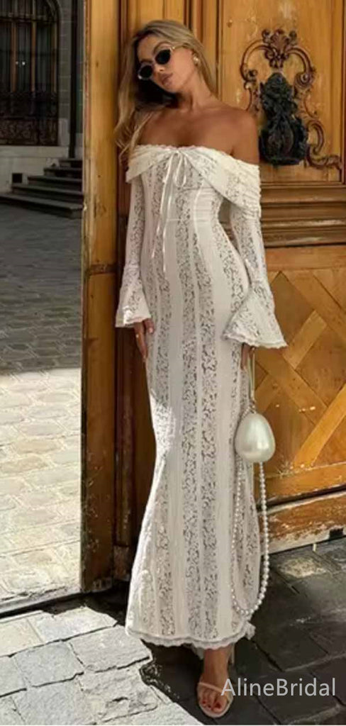 Boho White Off-Shoulder Sequins Long Sleeves Mermaid Long Prom Dress,PD381897