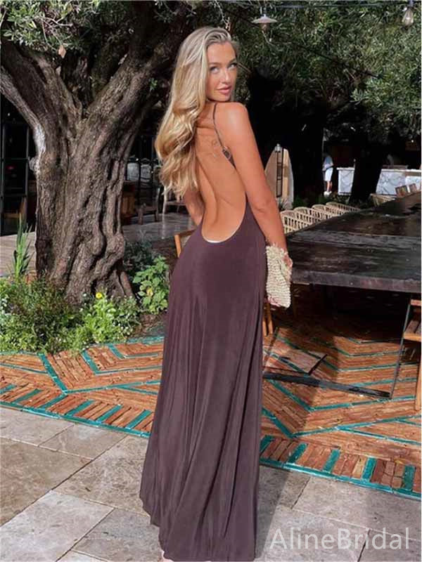 Sexy Mocha V-neck Backless Long Prom Dress with Cut-Out, PD381901