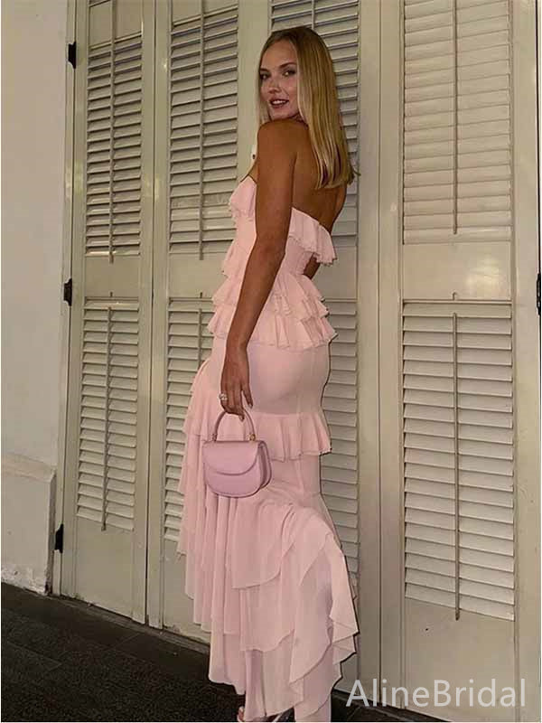 Elegant Strapless Pink Chiffon Long Ruffles Tiered Prom Dress-High-Low Evening Dress, PD381909