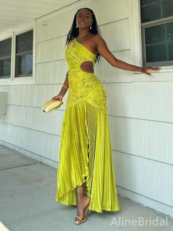 Unique One Shoulder Yellow-Green Pleated A-line Long Prom Dress with Front Slit, PD381905