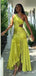 Unique One Shoulder Yellow-Green Pleated A-line Long Prom Dress with Front Slit, PD381905