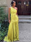 Elegant One Shoulder Pleated Yellow Mermaid Long Prom Dress with Cut-Out, PD381910
