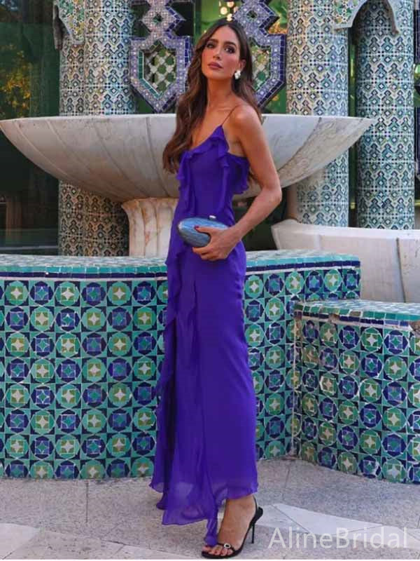 Sexy Purple Chiffon V-neck Ruffle Long Prom Dress with Slit, Evening Dress, PD381907