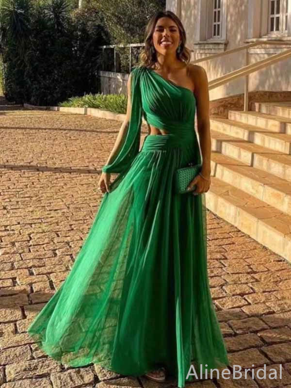 Elegant  Dark Green One Shoulder Long Sleeveas A-line Long Evening Dress, PD381913