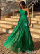 Elegant  Dark Green One Shoulder Long Sleeveas A-line Long Evening Dress, PD381913