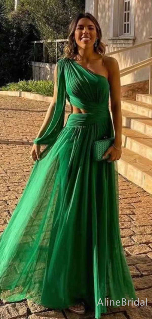 Elegant  Dark Green One Shoulder Long Sleeveas A-line Long Evening Dress, PD381913