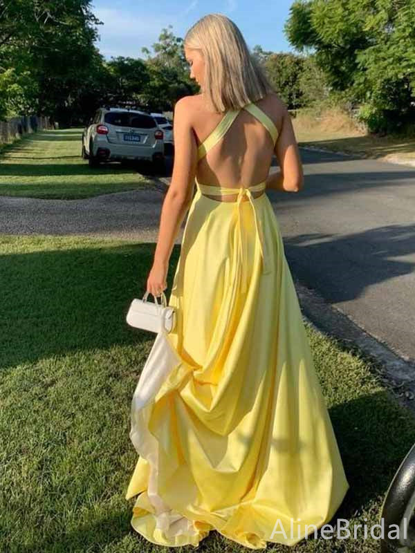 Gorgeous Yellow Deep V-neck A-line Long Prom Dress with Slit, Evening Dress, PD381917