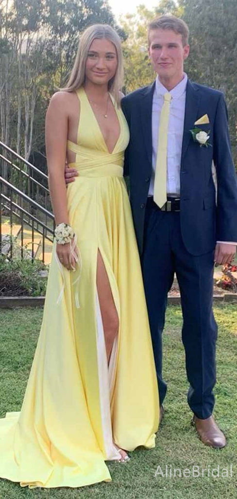 Gorgeous Yellow Deep V-neck A-line Long Prom Dress with Slit, Evening Dress, PD381917