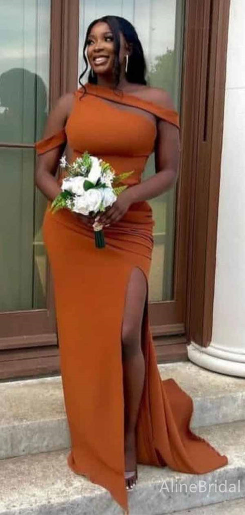 Elegant Burnt Orange One Shoulder Long Evening Dress with Slit, Bridesmaids Dress, PD381920