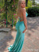 Sparkly Beading Backless Long Teal Green Prom Dress with Slit-V-neck Spaghetti Strap Evening Dress, PD381922