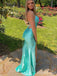 Sparkly Beading Backless Long Teal Green Prom Dress with Slit-V-neck Spaghetti Strap Evening Dress, PD381922