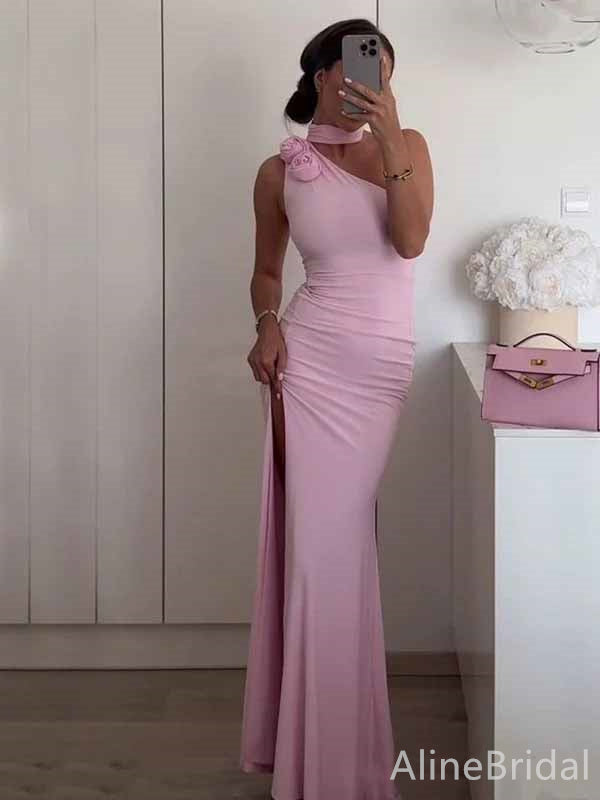 Sexy Soft Pink 3-D Floral One Shoulder Mermaid Long Prom Dress with Side Slit, PD381924