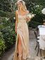 Modest Champagne Gold Square Lace Up Long Prom Dress with Slit, PD381929