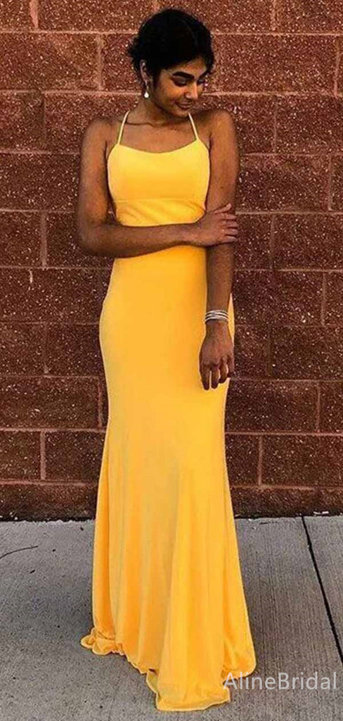 Simple Yellow Spaghetti Strap Mermaid Long Prom Dress, PD381930