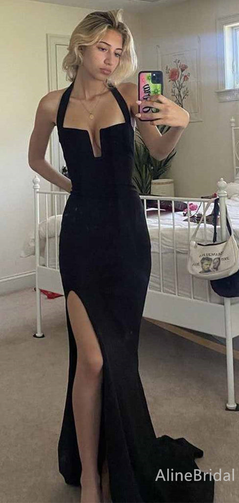 Sexy Black Halter Side Slit Mermaid Long Prom Dress, Evening Dress, PD381933