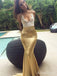 Sexy Gold Deep V-neck Spaghetti Strap Long Mermaid Prom Dress, PD381941
