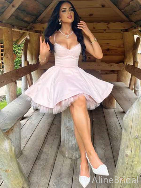 Gorgeous Pink V-neck Spaghetti Strap A-line Short Homecoming Dress, HD328004