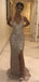 Sparkly Champagne Sequins V-neck Split Side Mermaid Long Prom Dress,PD381942