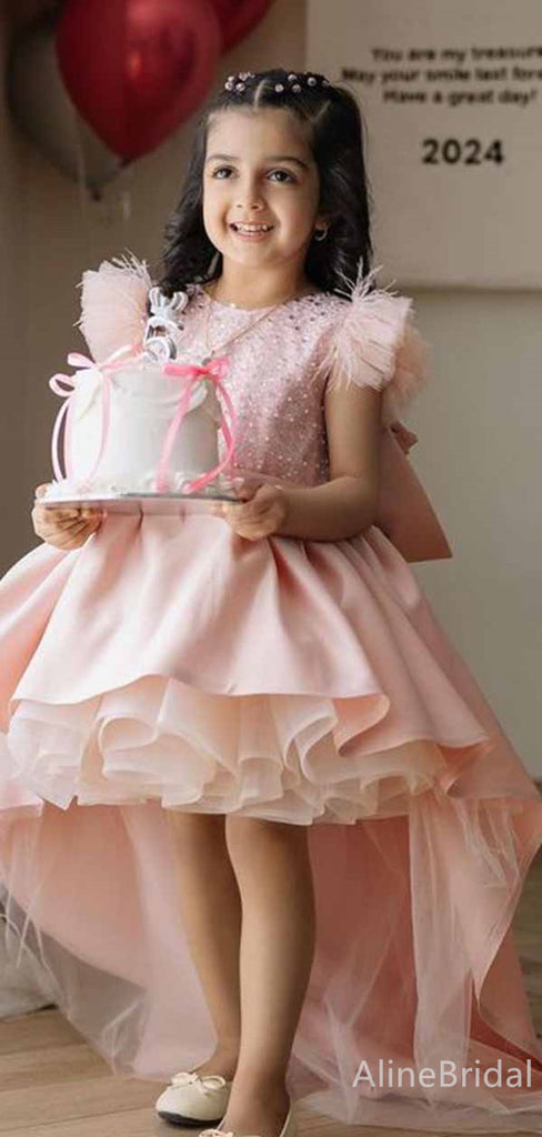 Sparkly Pink Sequins A-line High-Low Long Flower Girl Dress, FGS184