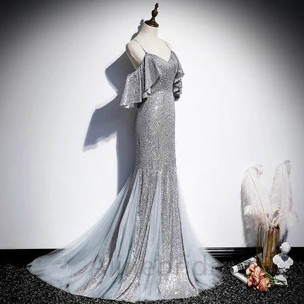 Sexy Silver Off the Shoulder Sleeveless Mermaid Long Prom Dress, PD3694
