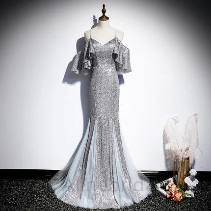 Sexy Silver Off the Shoulder Sleeveless Mermaid Long Prom Dress, PD3694
