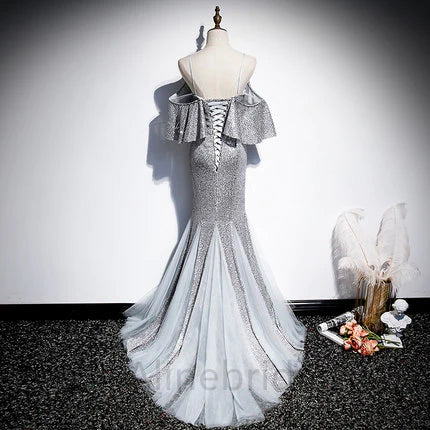 Sexy Silver Off the Shoulder Sleeveless Mermaid Long Prom Dress, PD3694