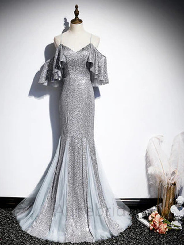 Sexy Silver Off the Shoulder Sleeveless Mermaid Long Prom Dress, PD3694