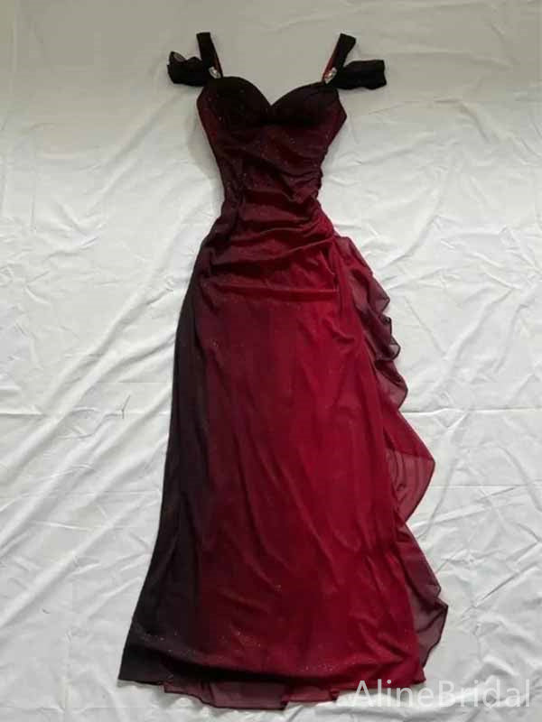 Elegant Burgundy V-neck Straps A-line Long Tulle Prom Dress, PD381948