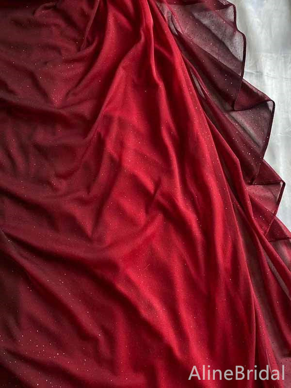 Elegant Burgundy V-neck Straps A-line Long Tulle Prom Dress, PD381948