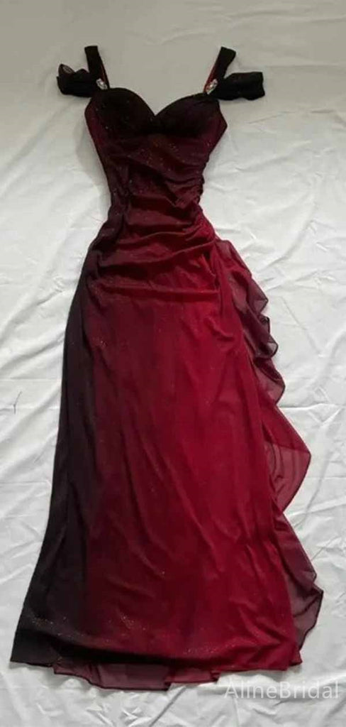 Elegant Burgundy V-neck Straps A-line Long Tulle Prom Dress, PD381948