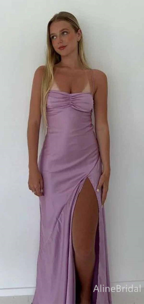 Elegant Lavendar Spaghetti Strap Long Prom Dress with Slit, PD381949