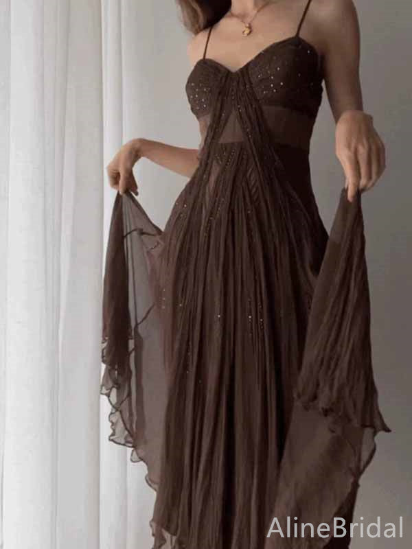 Elegant Brown V-neck Spaghetti Strap A-line Long Tulle Prom Dress,PD381951