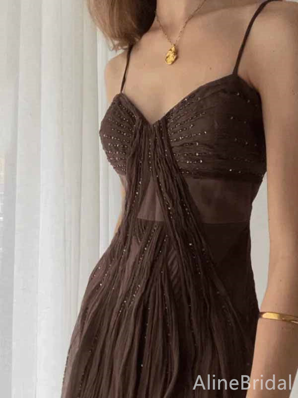Elegant Brown V-neck Spaghetti Strap A-line Long Tulle Prom Dress,PD381951